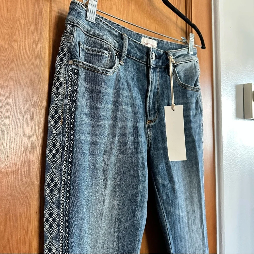 driftwood audrey high waisted aztec embroidered skinny straight leg jeans